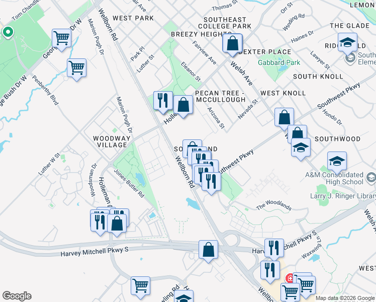 map of restaurants, bars, coffee shops, grocery stores, and more near 111 Southland Street in College Station