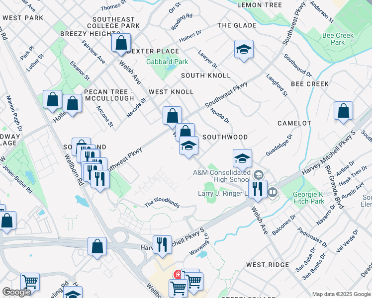 map of restaurants, bars, coffee shops, grocery stores, and more near 1810 Welsh Avenue in College Station