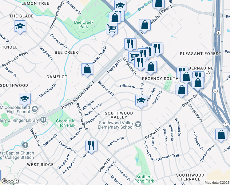 map of restaurants, bars, coffee shops, grocery stores, and more near 1405 Hawk Tree Drive in College Station