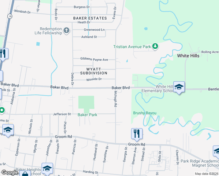 map of restaurants, bars, coffee shops, grocery stores, and more near 4635 Baker Boulevard in Baker