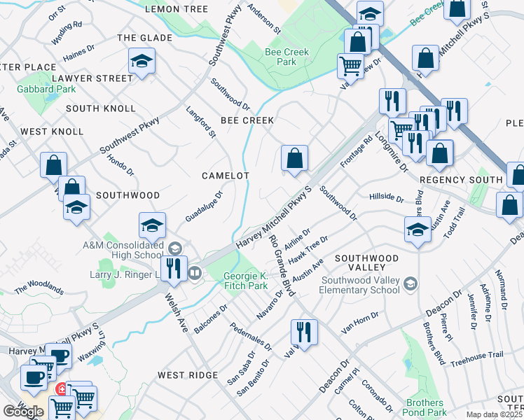 map of restaurants, bars, coffee shops, grocery stores, and more near 1951 Harvey Mitchell Parkway South in College Station
