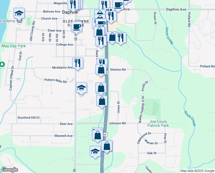 map of restaurants, bars, coffee shops, grocery stores, and more near 1802 U.S. 98 in Daphne