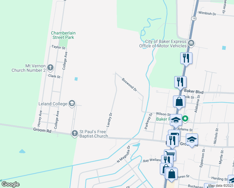 map of restaurants, bars, coffee shops, grocery stores, and more near 1802 Landry Drive in Baker