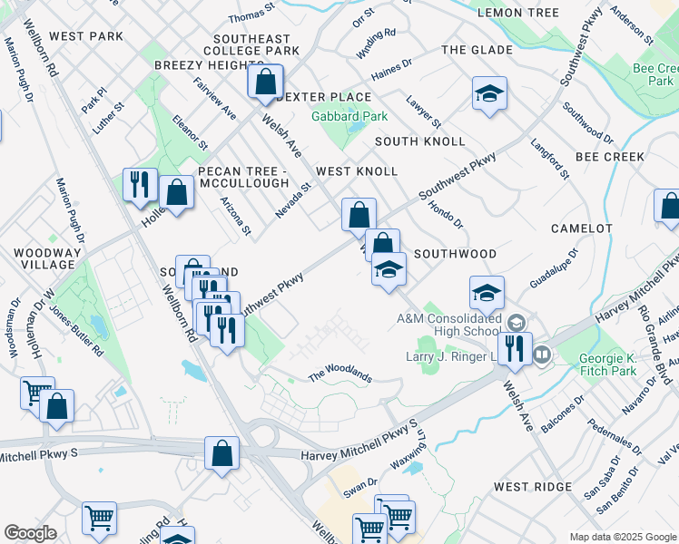 map of restaurants, bars, coffee shops, grocery stores, and more near 528 Southwest Parkway in College Station