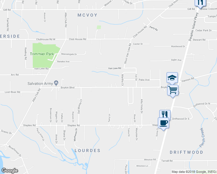 map of restaurants, bars, coffee shops, grocery stores, and more near 2000 Boykin Boulevard in Mobile