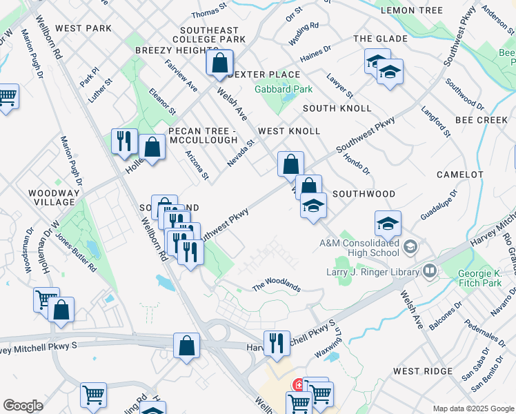 map of restaurants, bars, coffee shops, grocery stores, and more near 524 Southwest Parkway in College Station