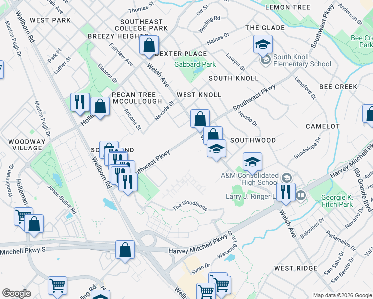 map of restaurants, bars, coffee shops, grocery stores, and more near 528 Southwest Parkway in College Station