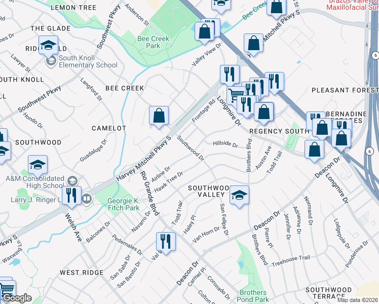 map of restaurants, bars, coffee shops, grocery stores, and more near 1321 Airline Drive in College Station