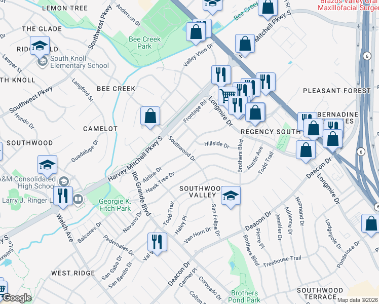 map of restaurants, bars, coffee shops, grocery stores, and more near 1405 Hawk Tree Drive in College Station