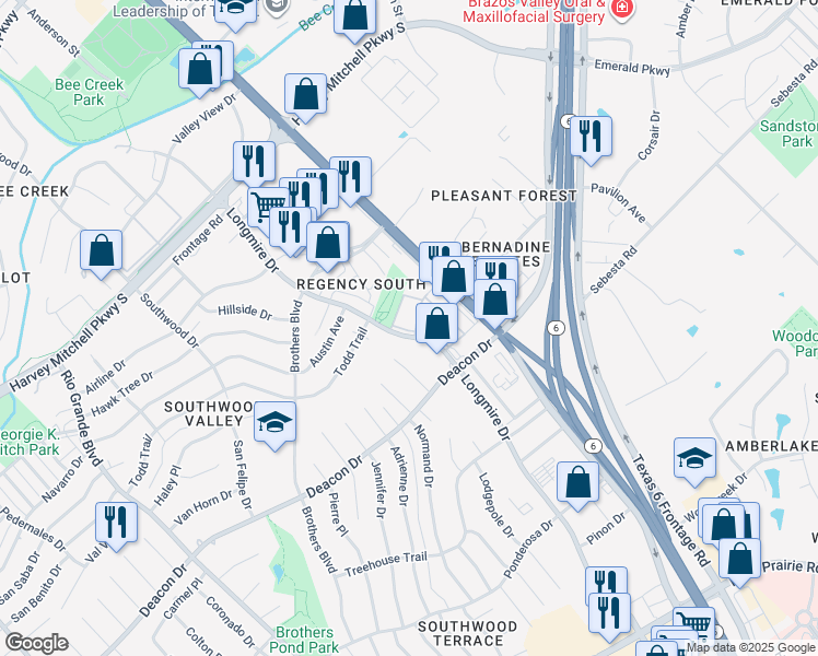 map of restaurants, bars, coffee shops, grocery stores, and more near 2701 Longmire Drive in College Station