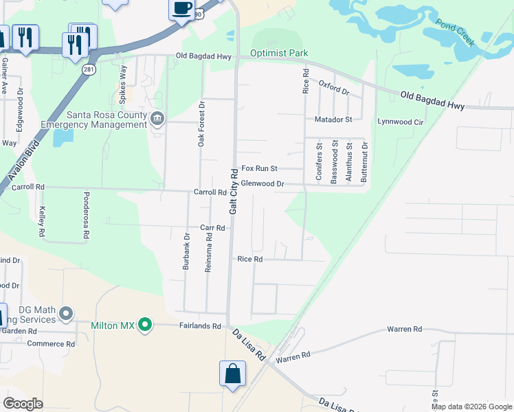 map of restaurants, bars, coffee shops, grocery stores, and more near 4374 Glen Forest Drive in Bagdad