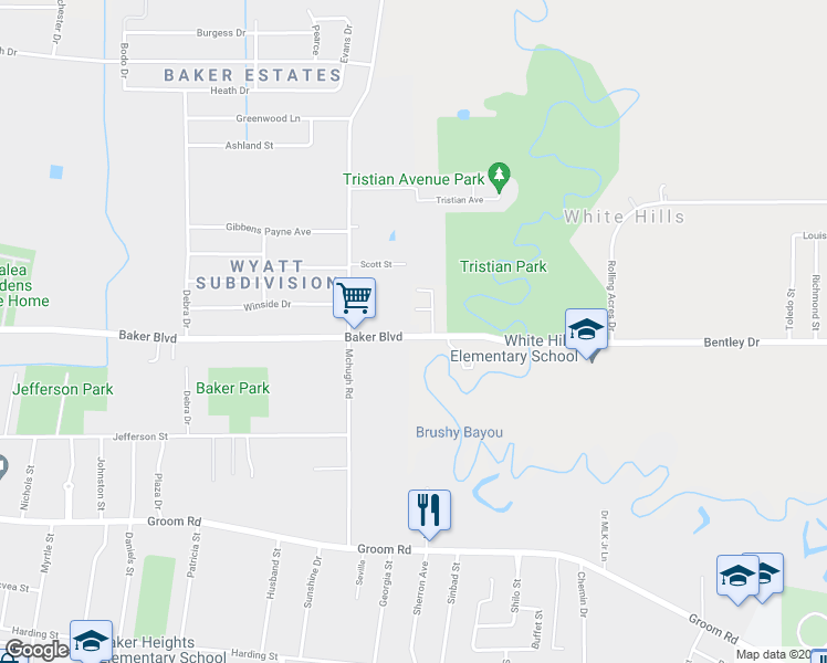 map of restaurants, bars, coffee shops, grocery stores, and more near 5173 Baker Boulevard in Baker