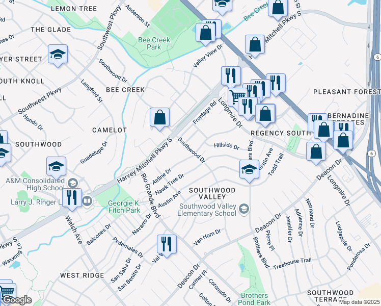 map of restaurants, bars, coffee shops, grocery stores, and more near 1321 Airline Drive in College Station