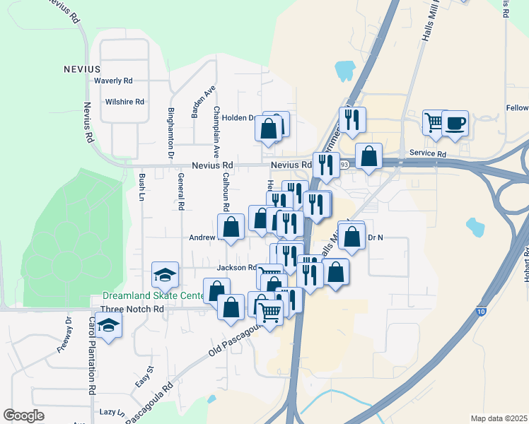 map of restaurants, bars, coffee shops, grocery stores, and more near 4654 Hermitage Road in Mobile