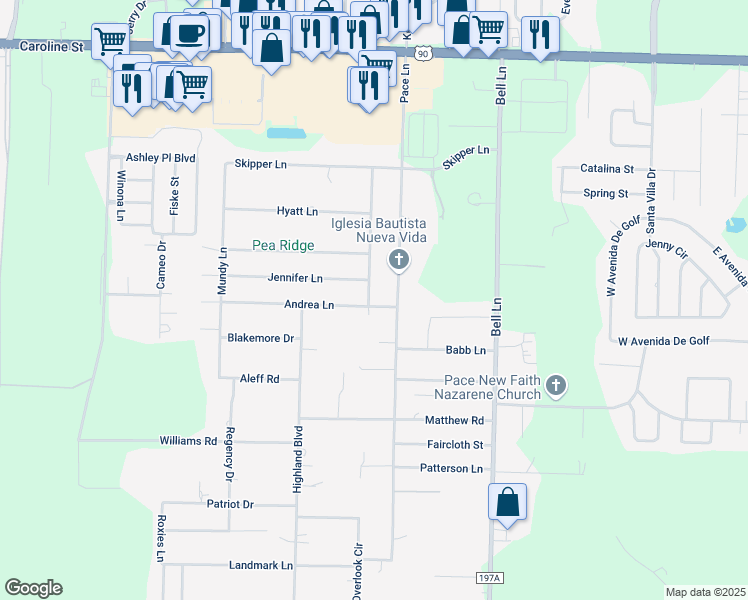 map of restaurants, bars, coffee shops, grocery stores, and more near 4350 Lisa Lane in Pace