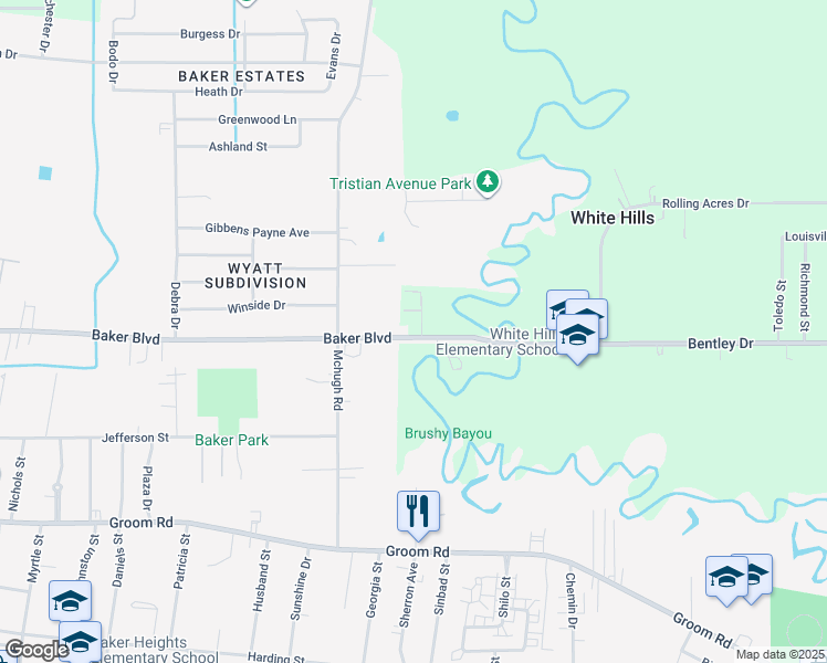 map of restaurants, bars, coffee shops, grocery stores, and more near 5015 Baker Boulevard in Baker