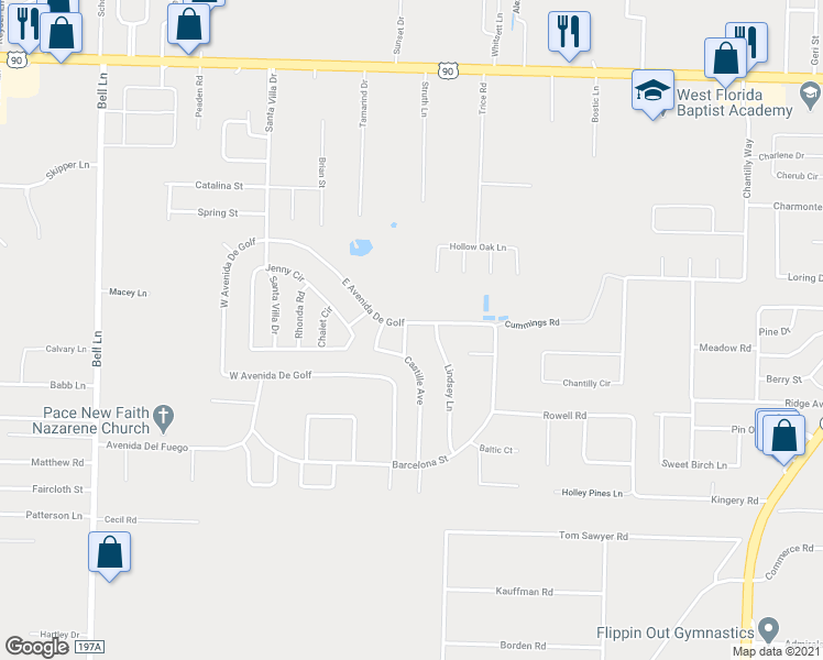 map of restaurants, bars, coffee shops, grocery stores, and more near 5385 East Avenida De Golf in Milton