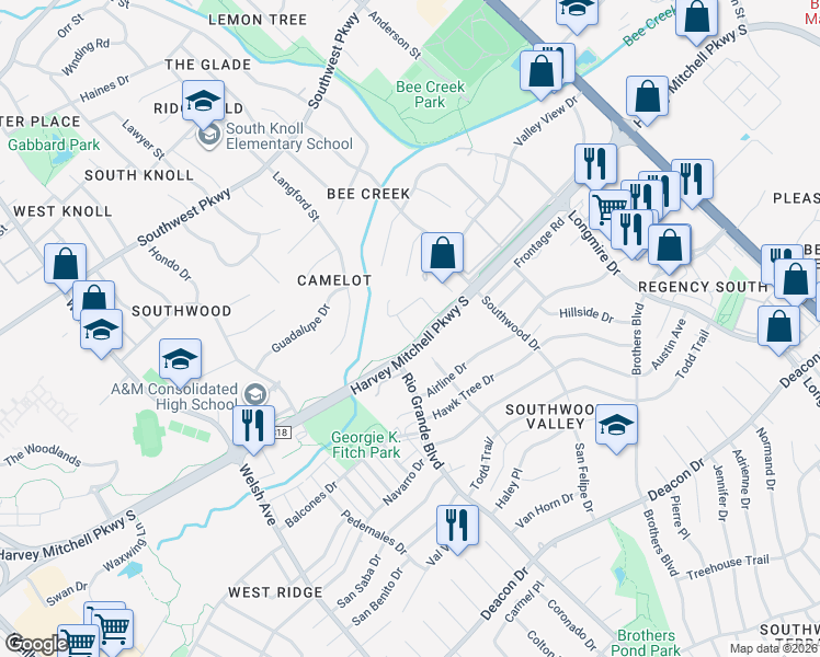 map of restaurants, bars, coffee shops, grocery stores, and more near 2015 Harvey Mitchell Parkway South in College Station
