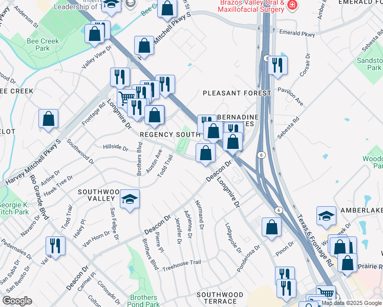 map of restaurants, bars, coffee shops, grocery stores, and more near 2701 Longmire Drive in College Station