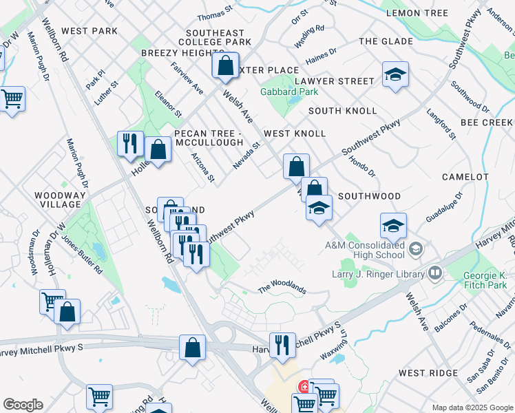 map of restaurants, bars, coffee shops, grocery stores, and more near 524 Southwest Parkway in College Station