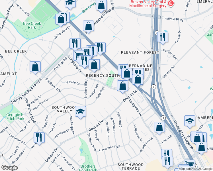 map of restaurants, bars, coffee shops, grocery stores, and more near 2600 Longmire Drive in College Station