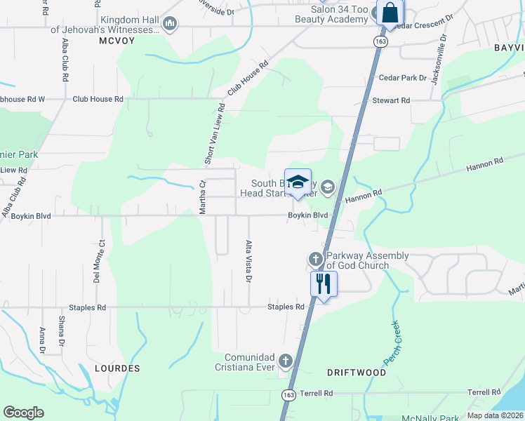 map of restaurants, bars, coffee shops, grocery stores, and more near 1720 Boykin Boulevard in Mobile