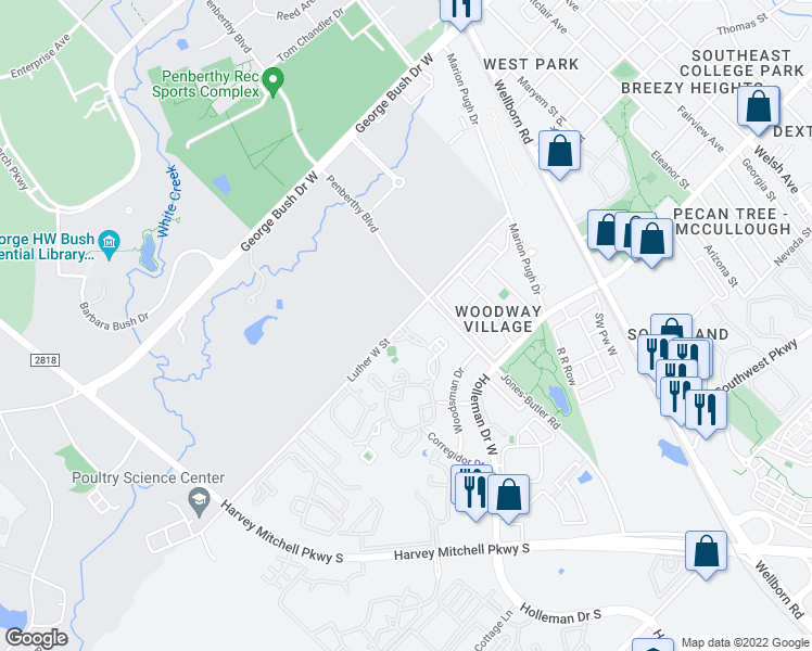 map of restaurants, bars, coffee shops, grocery stores, and more near 610 Luther Street West in College Station