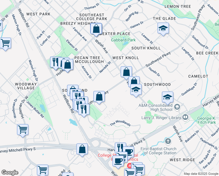map of restaurants, bars, coffee shops, grocery stores, and more near 521 Southwest Parkway in College Station