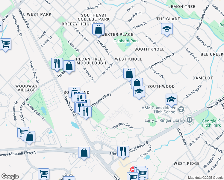 map of restaurants, bars, coffee shops, grocery stores, and more near 524 Southwest Parkway in College Station
