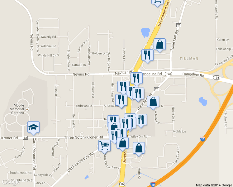 map of restaurants, bars, coffee shops, grocery stores, and more near 4654 Hermitage Avenue in Mobile