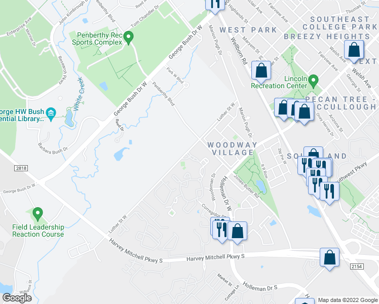 map of restaurants, bars, coffee shops, grocery stores, and more near 610 Luther Street West in College Station