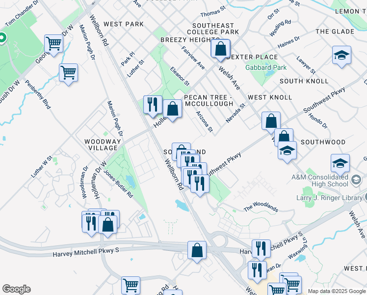map of restaurants, bars, coffee shops, grocery stores, and more near 121 Southland Street in College Station