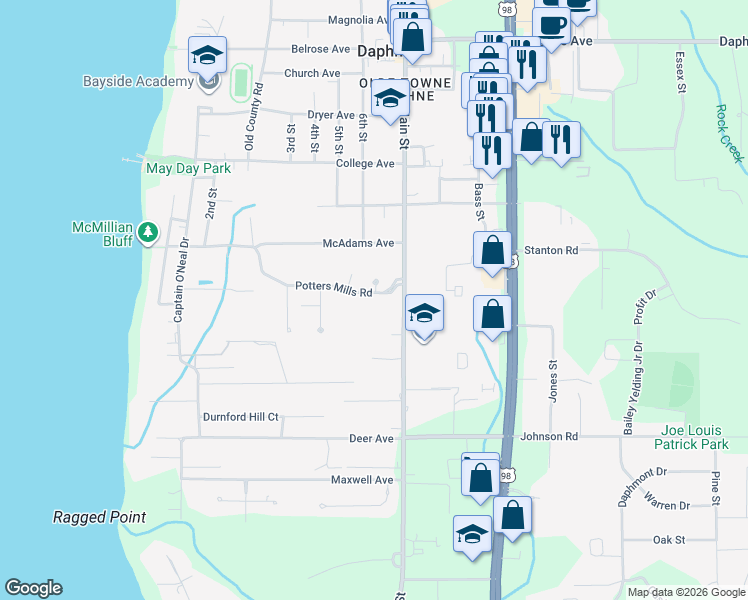 map of restaurants, bars, coffee shops, grocery stores, and more near 501 Potters Mills Road in Daphne