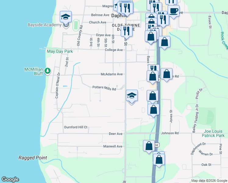 map of restaurants, bars, coffee shops, grocery stores, and more near 501 Potters Mills Road in Daphne