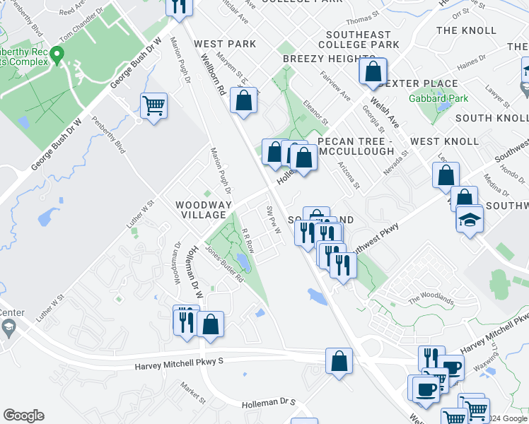 map of restaurants, bars, coffee shops, grocery stores, and more near 18 Southwest Pw West in College Station