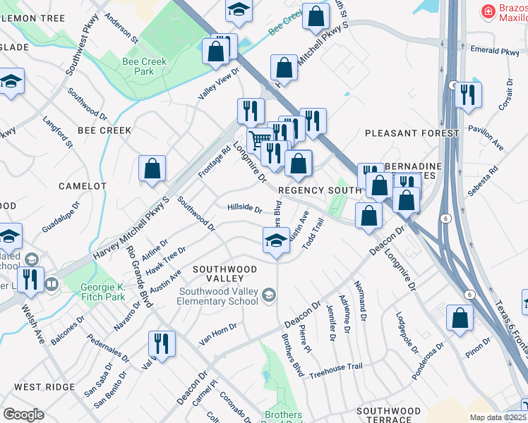 map of restaurants, bars, coffee shops, grocery stores, and more near 1523 Hillside Drive in College Station