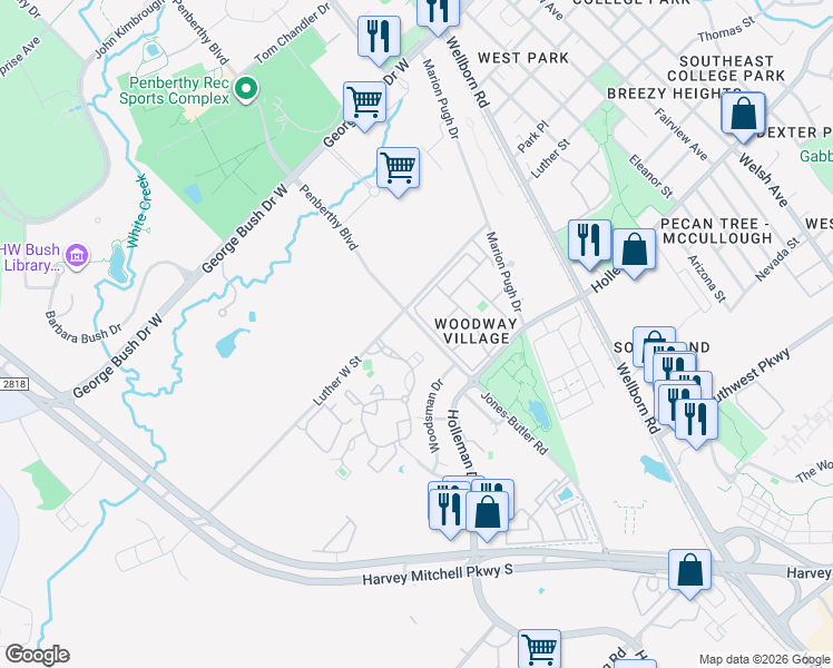 map of restaurants, bars, coffee shops, grocery stores, and more near 501 Luther West Street in College Station