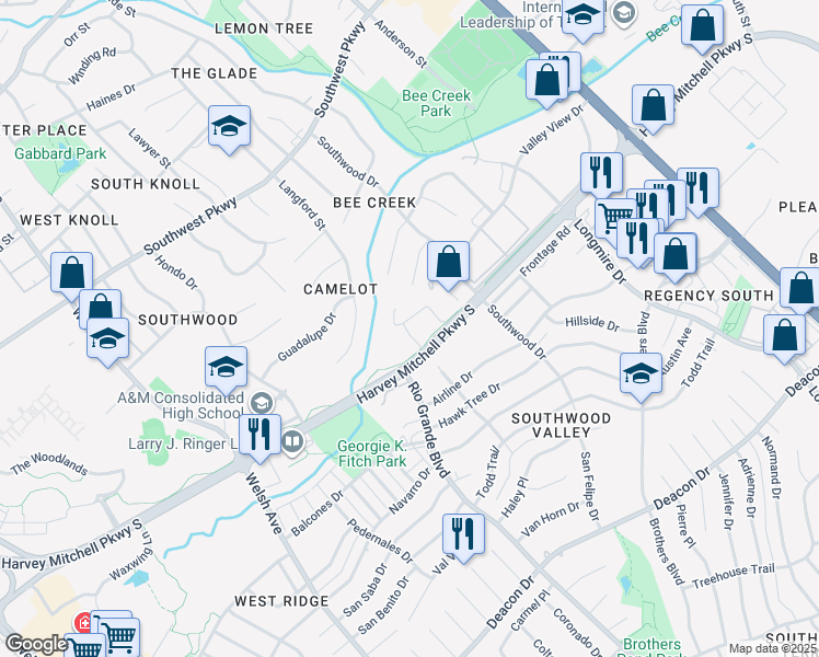 map of restaurants, bars, coffee shops, grocery stores, and more near 1951 Harvey Mitchell Parkway South in College Station
