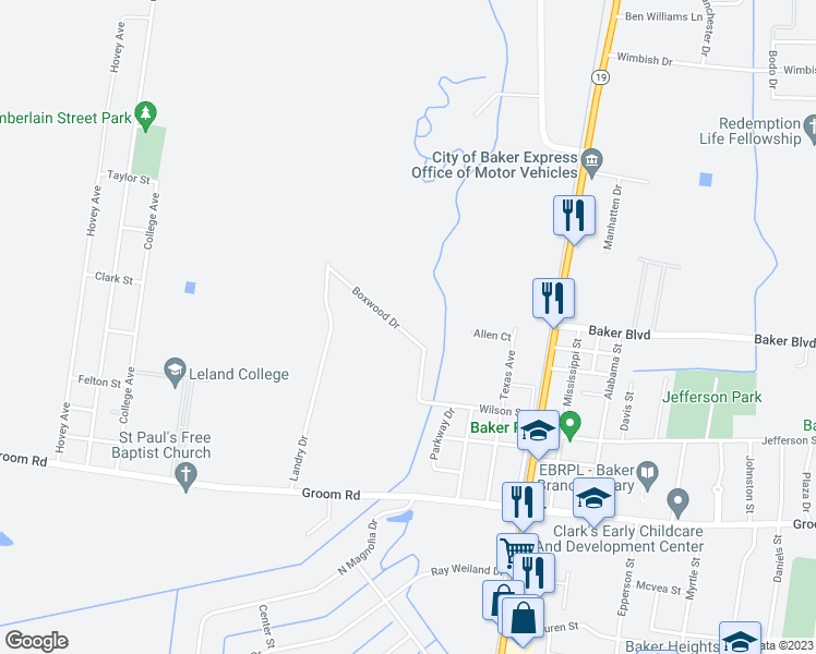 map of restaurants, bars, coffee shops, grocery stores, and more near 2607 Boxwood Drive in Baker