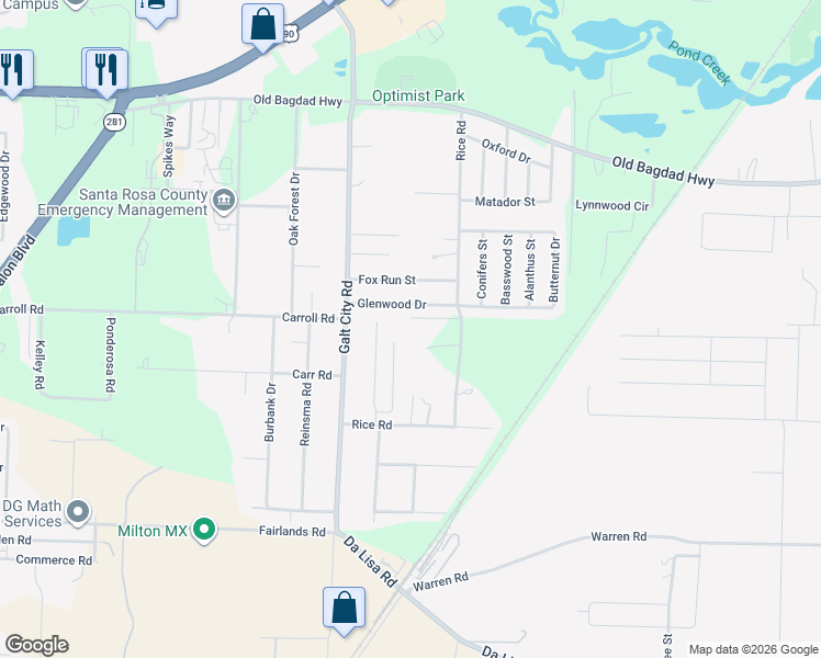 map of restaurants, bars, coffee shops, grocery stores, and more near 4374 Glen Forest Drive in Bagdad