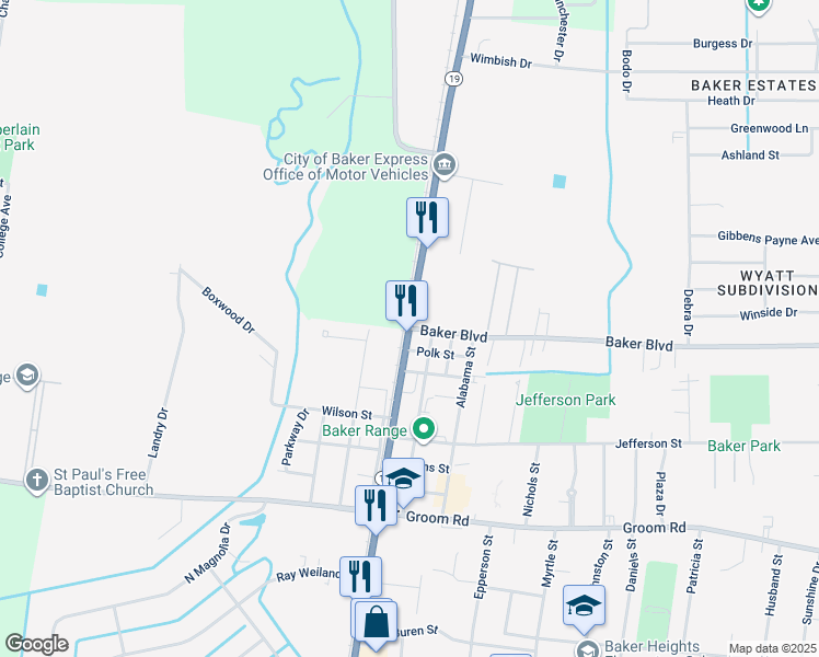 map of restaurants, bars, coffee shops, grocery stores, and more near 2550 Baker Boulevard in Baker