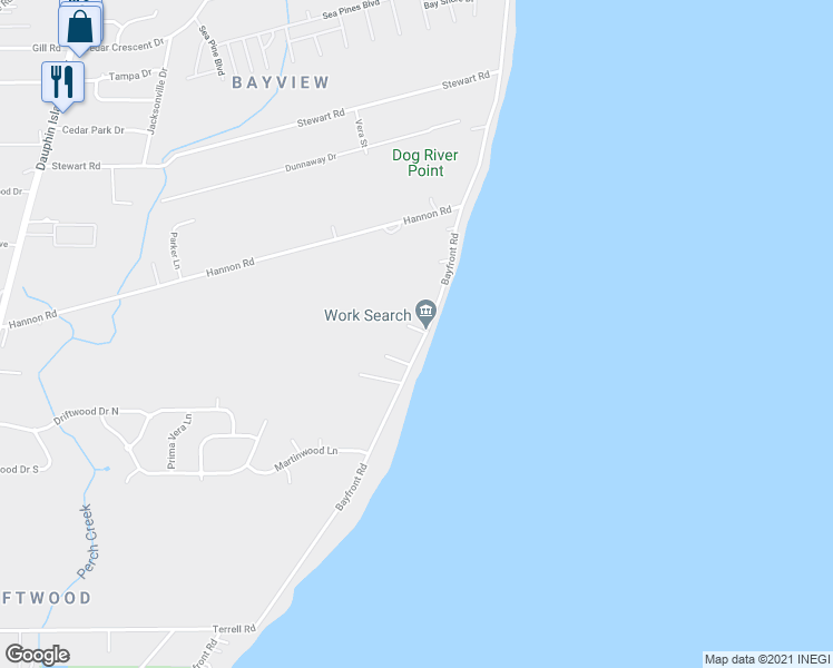 map of restaurants, bars, coffee shops, grocery stores, and more near 3798 Bay Front Road in Mobile