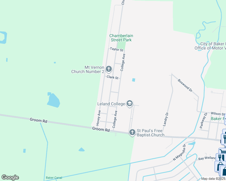 map of restaurants, bars, coffee shops, grocery stores, and more near 2195 College Avenue in Baker