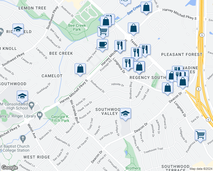 map of restaurants, bars, coffee shops, grocery stores, and more near 1404 Hillside Drive in College Station