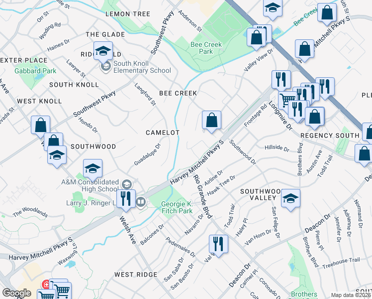 map of restaurants, bars, coffee shops, grocery stores, and more near 1951 Harvey Mitchell Parkway South in College Station
