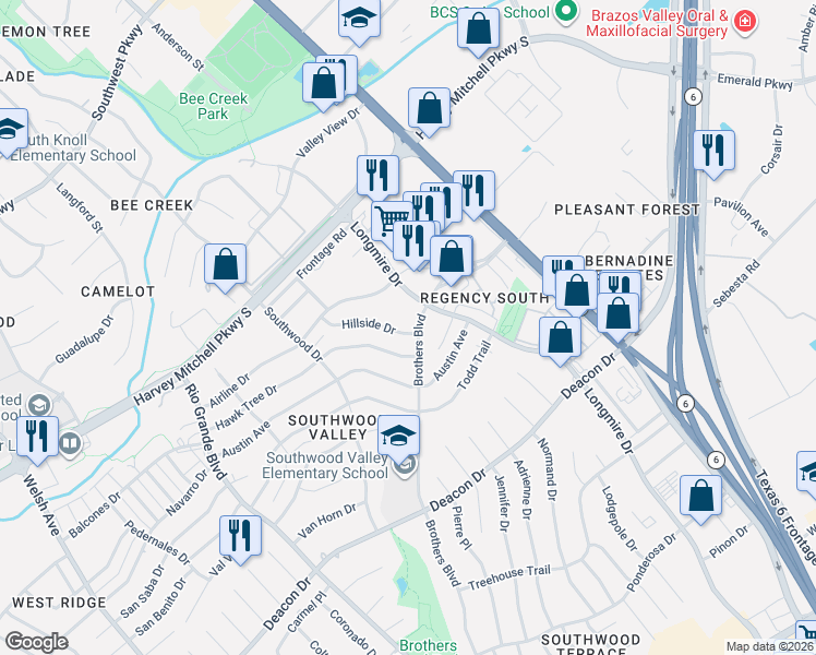 map of restaurants, bars, coffee shops, grocery stores, and more near 1524 Hillside Drive in College Station
