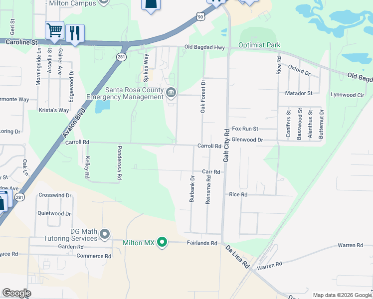 map of restaurants, bars, coffee shops, grocery stores, and more near 6085 Carroll Road in Milton