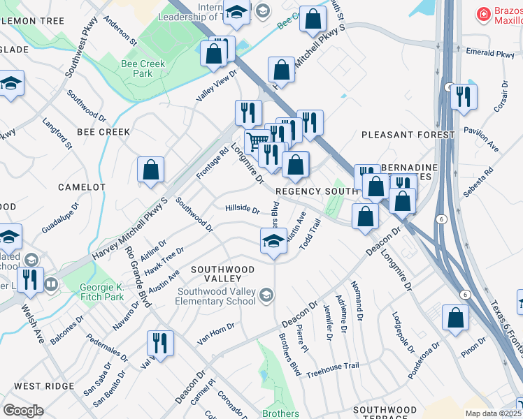 map of restaurants, bars, coffee shops, grocery stores, and more near 1524 Hillside Drive in College Station
