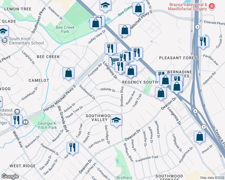map of restaurants, bars, coffee shops, grocery stores, and more near 1524 Hillside Drive in College Station