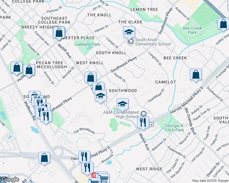 map of restaurants, bars, coffee shops, grocery stores, and more near 1821 Leona Drive in College Station